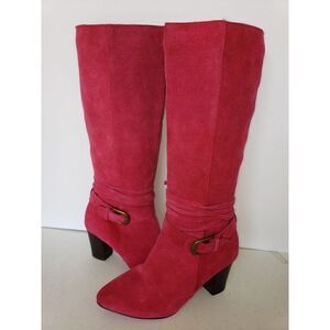 Women's Knee High Boots Leather Tall Zip up Block Heel Boots Red Size 6.5W NEW